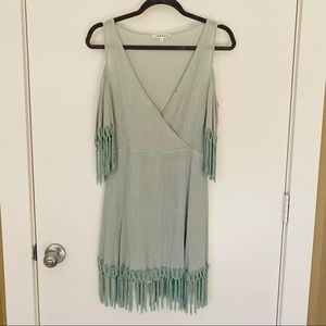 Cold shoulder mini dress with fringe